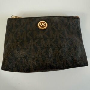 Michael Kors Brown MK Logo Zip Pouch with Gold Tone Emblem